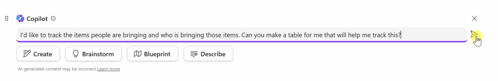 Screenshot showing the prompt to output a table using Copilot in Loop