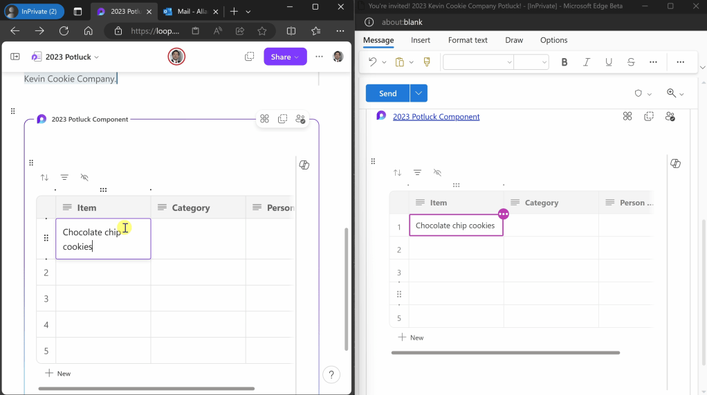 Screenshot showing how the component stays in sync across email and the Loop app