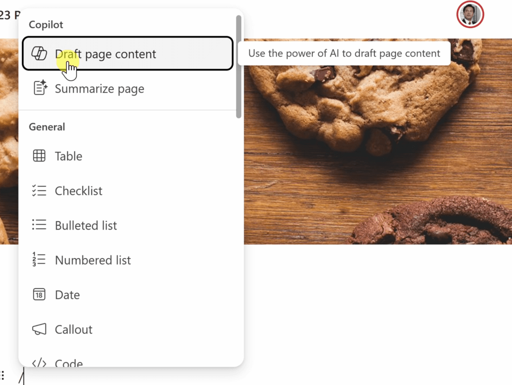 Screenshot showing how to draft page content using Copilot in Loop
