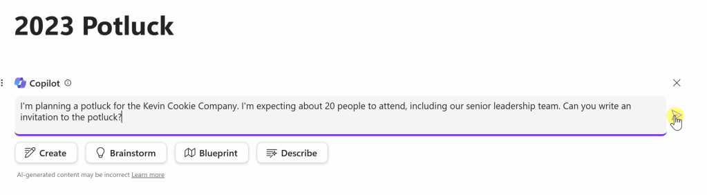 Screenshot of my Copilot in Loop prompt