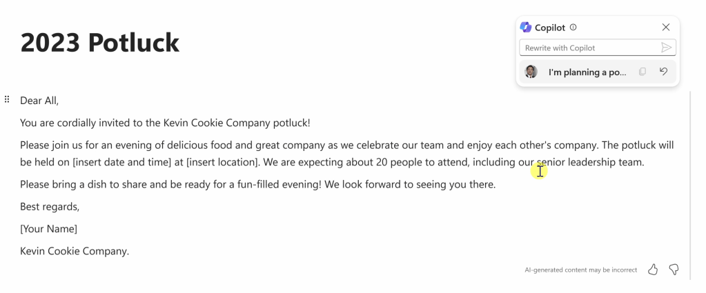Screenshot showing the text output of Copilot in Loop